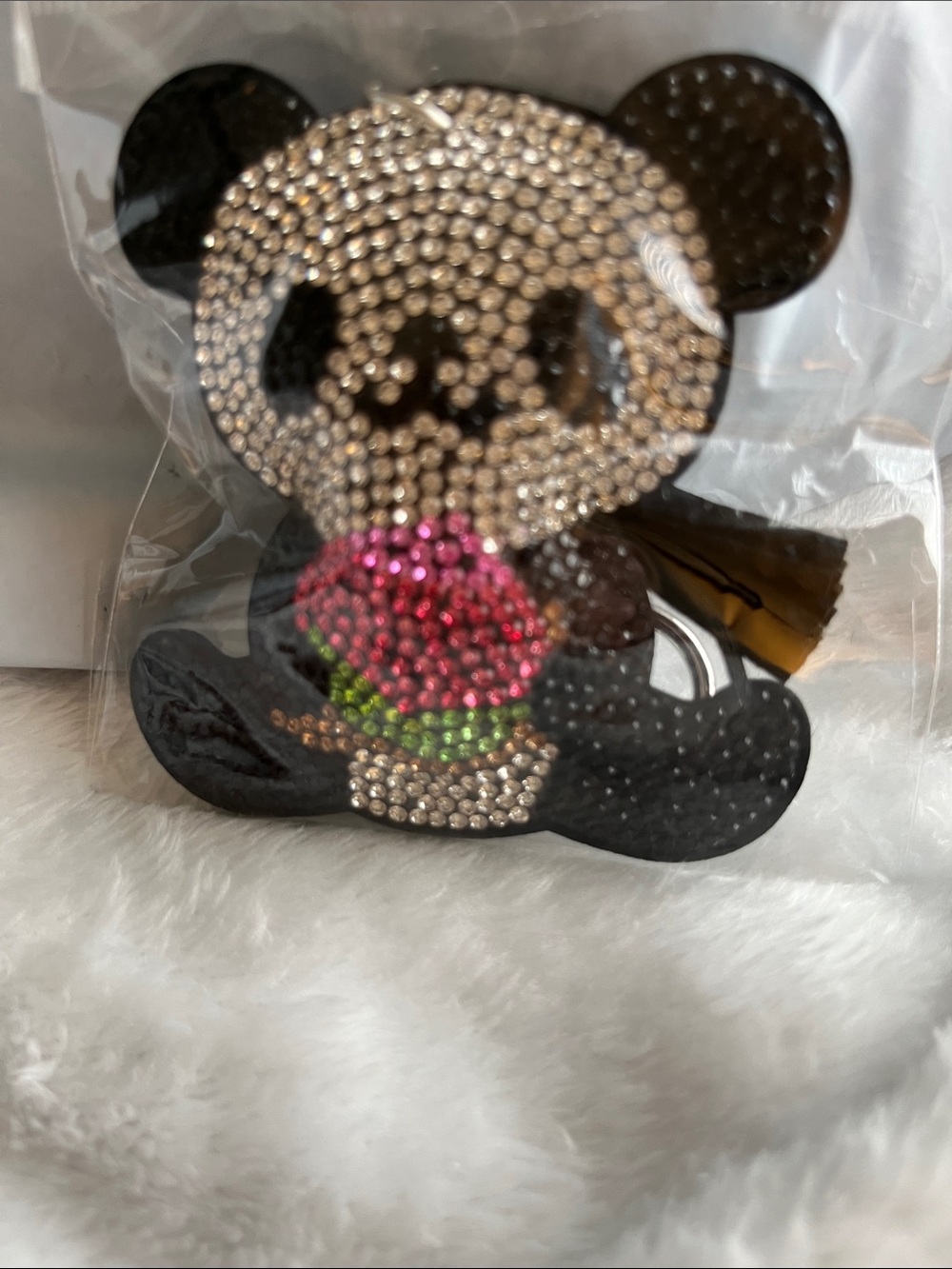 Crystal Panda Accent Bag Charm / Keychain - Black with Pink Rose